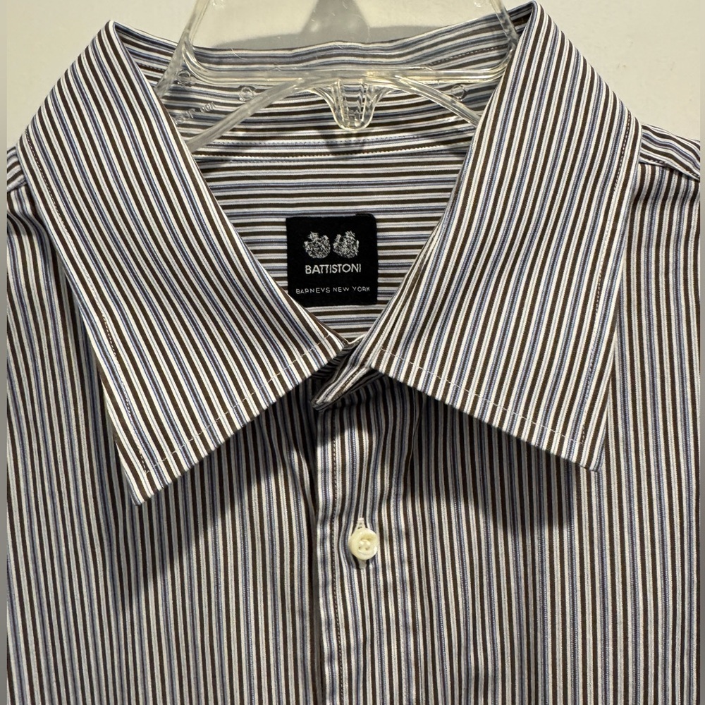 Battistoni Rome Men’s Blue/Brown/White Stripe Cotton Dress Shjrt. Size XL.